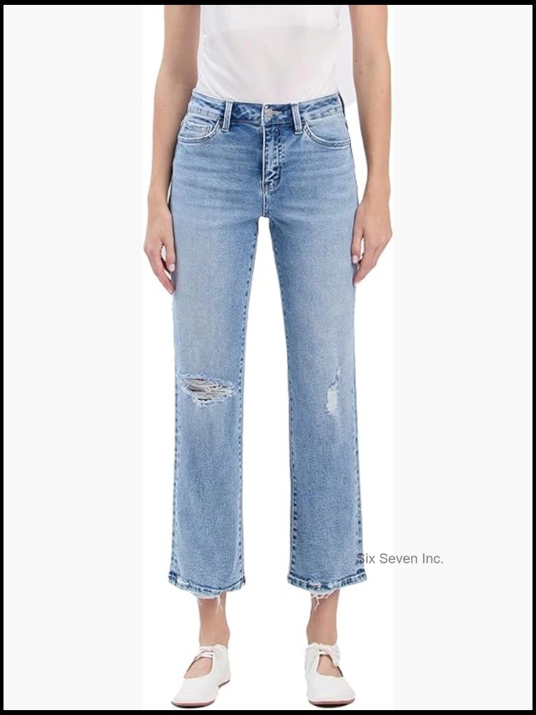 High Rise Ankle Straight Jeans With Distressed Details